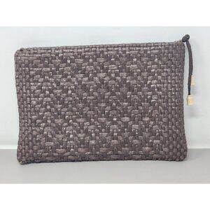 Woven Brown Clutch Pouch With Zipper & Drawstring Detail Striped Fabric Lining‎